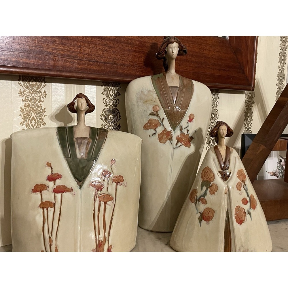 3 Ceramic Standing Geisha Long Necks Kimono Poppies Statue Fred Wiesner Stamped